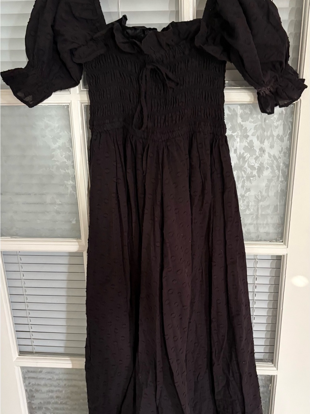 Smocked Puff-Sleeve Maxi Dress in Black